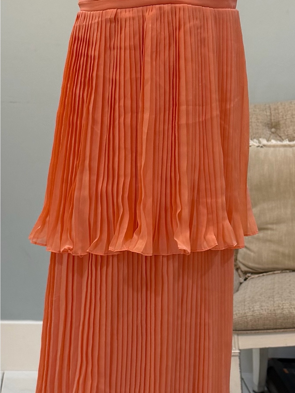 Elegant Pleated Coral Orange Maxi Dress - Women's